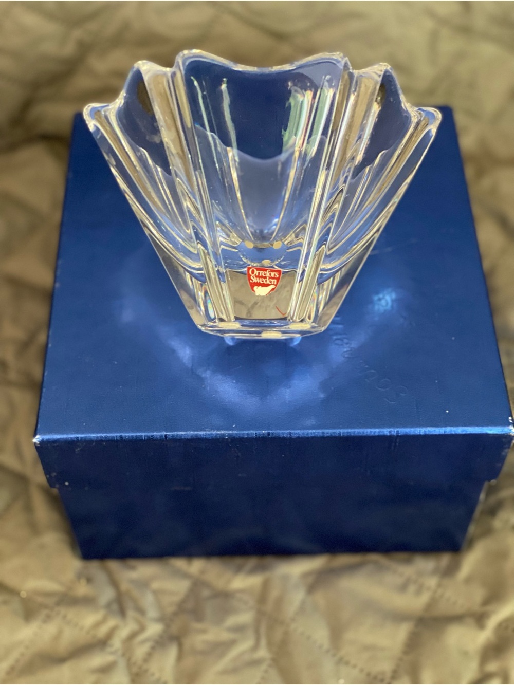 Orrefors Kostaboda Clear Crystal Fan Vase with Sculpted Ridges